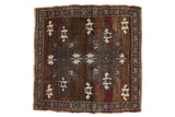 Distressed Vintage Oushak square rug featuring double medallions, chocolate brown, ivory, and oxidized silver tones.