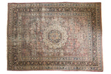 Faded vintage Persian Meshed carpet, scalloped medallion, floral vinery, plum, pale blue, 8'11