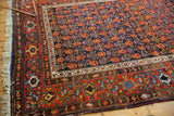 Detailed cherry red border and navy blue field with germinating floral motifs on Malayer rug.