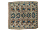Vintage Distressed Oushak square rug mat with allover floral and abstract animal motifs in ivory, brown, and deep teal, 1'6