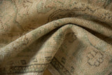 Distressed Oushak carpet pile with even wear, faded seafoam green and antique ivory pattern.