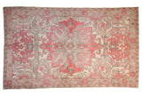 Distressed vintage Oushak carpet with oversized scalloped medallion in dusty cherry, ivory, and slate blue. 5' x 8'2