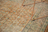 Distressed Oushak carpet: worn pile, foundation, pale apricot and mint floral vinery.