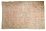 Distressed vintage Oushak carpet with dusty rose, seafoam, ivory Rococo floral medallion, 7x10.8.