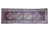 Vintage Distressed Oushak rug runner with violet, dusty blue geometric medallions and fantastic abrashes, 3'3