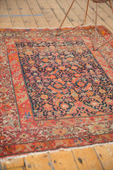Antique Persian Malayer rug, Herati field and geometric Samovar borders, navy, red, orange, worn fringe.