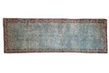 Vintage Distressed Malayer runner, powder blue allover Herati, plum red accents, soft texture. 3'x9'.