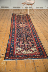Vintage Dargezine runner's navy, madder red meandering vine main border and Herati field.