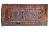 Vintage Distressed Oushak rug runner with faded lavender field, madder root red borders, geometric diamond patterns, 3'2
