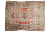 Vintage Distressed Oushak rug, faded cherry red medallion, Rococo contours on a beige field.
