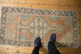 Distressed central diamond medallion with elongated finials on an apricot Oushak runner.