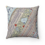 Central Park NYC Map Pillow with vintage map design in light blue, beige, and red.