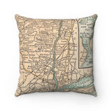 Vintage Hudson Valley NY Map Pillow in aged beige, black details, and teal water.