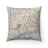 Lower Manhattan NYC map throw pillow with vintage cream, red, and blue street design.
