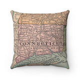Square Connecticut map throw pillow, 18x18 inches, with vintage beige and blue tones.