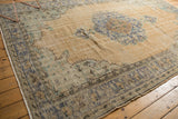 Distressed Oushak carpet border, showing worn pile, blue-green patina, and intact selvage.