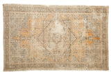 Hand-knotted vintage distressed Oushak rug, faded geometric medallion in pale orange, ivory, silver, 4x6.3.