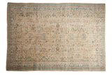 Distressed Oushak carpet with faded ivory, mint green, and brown allover floral vinery, 7' x 10'1