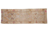 Vintage distressed Oushak rug runner, geometric triple medallions, muted ivory, terracotta, pink, 2'8