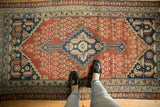 Antique Malayer rug, featuring central navy medallion, dusty rust germinating shrubs field, and soft pile patina.