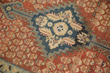 Zigzag navy blue medallion border and dusty rust field with allover shrub pattern.