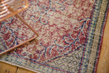 Evenly worn texture of a distressed Oushak rug showing the knot heads in a cherry red and indigo blue pattern.