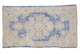 Distressed vintage Oushak runner, faded cobalt blue medallion on antique ivory, Rococo scrolls, 2'8