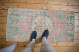 Soft pink and seafoam green distressed Oushak runner, highlighting its worn pile texture.
