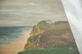 Vintage Cape Cod painting detail: green cliffside, white fence, and canvas texture.