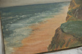 Textured brushstrokes on sand, ocean, and cliff in vintage Cape Cod seascape painting detail.