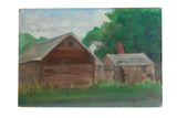 Vintage Barn Landscape Painting depicting rustic brown buildings, lush green trees, and a pale blue sky.