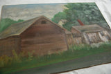 Textured canvas detail of vintage barn painting, showing cloudy sky and roof.