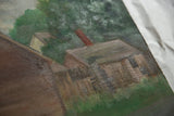 Close-up of vintage barn landscape painting, showing canvas texture and subtle brushstrokes.