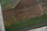 Surface detail of vintage barn painting canvas, revealing textured browns and greens.
