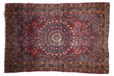 Vintage Persian Meshed rug, cherry red field, cobalt blue roundel medallion, floral vinery, 4'2