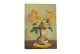 Vintage still life painting of mustard yellow fall flowers in a decorative multicolor vase.