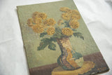 Angled detail of textured mustard yellow flowers on a vintage still life painting.