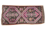 Decorative vintage Oushak mat with double medallions, bubblegum pink and time-softened charcoal, 1'6