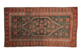 Distressed vintage Oushak rug, faded teal field with oversized terra cotta medallion, 3'7