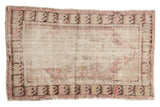 Distressed Oushak rug, faded ivory and plum diamond medallion, charcoal border, 3x4'9.