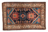 Vintage Hamadan rug, triple medallion and Mahi Mahi patterns in navy, sky blue, gold, and beige.
