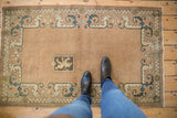 Vintage Chinese rug, central lion shield motif in chocolate brown, surrounded by beige and blue dragons.