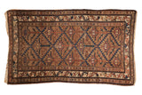 Antique Hamadan rug: sand, blue, copper geometric diamond plant motif. 3'8