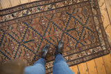 Antique Hamadan rug, geometric serrated trellis with germinating plants in camel and blue.