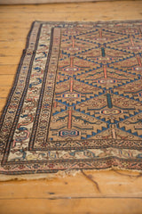 Antique Hamadan rug detail: stylized border with figures, sand, blue, pink germinating plant motifs.