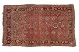 Antique Kurdish Bijar rug, allover Mina Khani design, brick red field, charcoal borders, 3'8