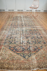 Distressed Malayer runner, worn Herati motif in denim blue, dusty rose, with foundation showing.