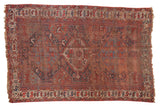 Antique Qashqai rug, triple medallion, animal field, lion spandrels, red, blue, ivory, 4'11
