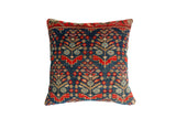 Vintage Rug Fragment Throw Pillow with hand-knotted blue, red, beige floral pattern, 20x20.