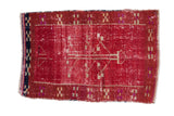Vintage distressed Oushak rug, geometric tree of life motif, cherry red with ivory abrasion, 2'3